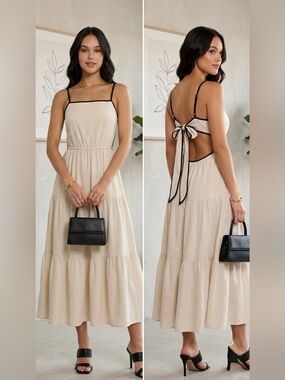 Blu Pepper Hazel Khaki Midi Dress NWT Boho Tiered Open Back Tie Cream Large